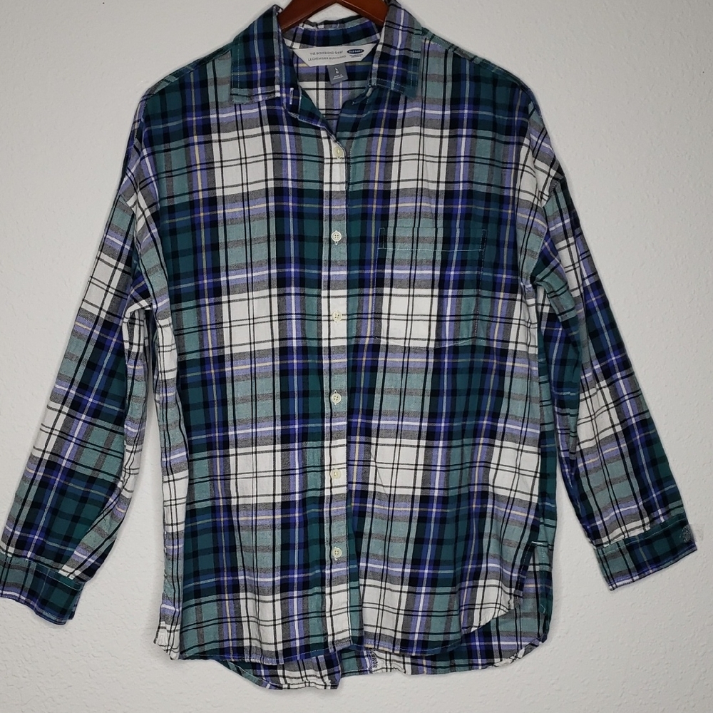 Old Navy The Boyfriend Shirt Plaid 100% Cotton Button Up Size L Layering Country
